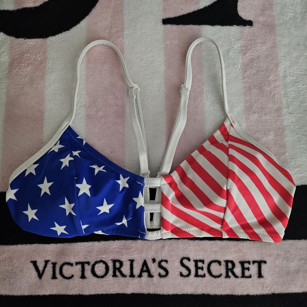 PINK VICTORIA SECRET RED WHITE BLUE PATRIOTIC FOURTH OF JULY SWIM BIKINI TOP M